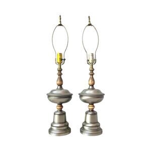 1960s Mid-century Hollywood Regency-Style Wood & Gray Metal Leviton Lamps 29”